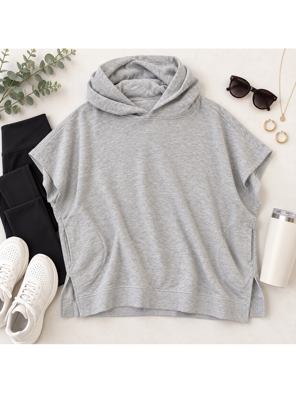 Free People Movement Gray Oversized Short Sleeve Hoodie Tunic Top